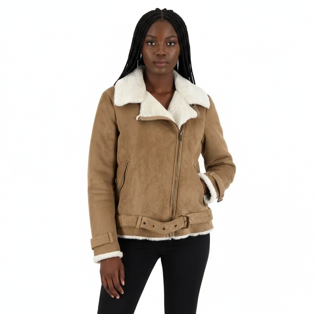Forever 21 Faux Suede Aviator‎ Jacket Womens M Brown Belted Moto Vegan Biker